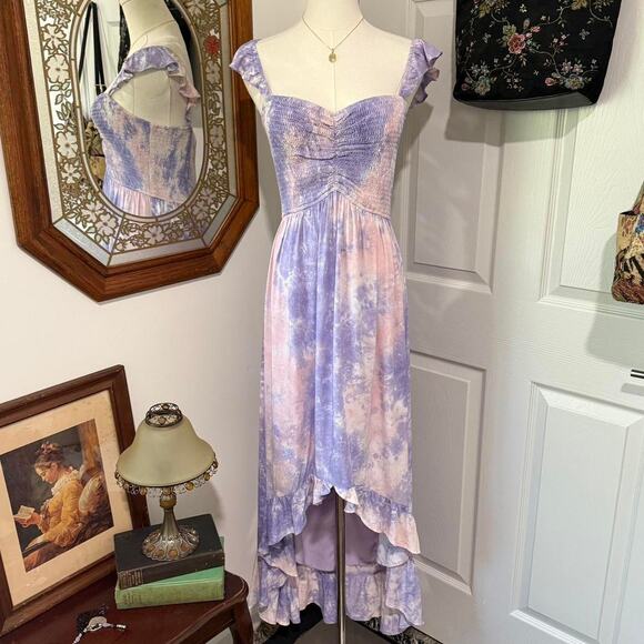 NWT Storia Purple & Pink Tie Dye Flutter Sleeve Smocked Fairycore High-Low Dress - Picture 1 of 8